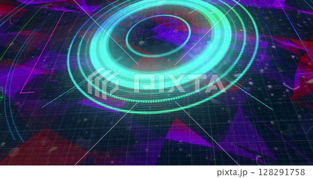 Digital image of round scope scanner against plexus network on blue background 128291758