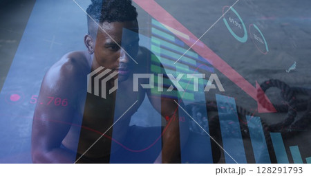 Image of statistics and graphs over man exercising taking a rest 128291793