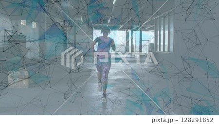 Network of connections against rear view of african american woman running 128291852