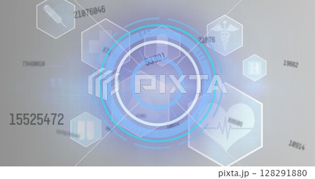 Image of blue circular scope scanning with rising numbers and medical icons behind on grey Image of blue circular scope scanning with rising numbers and medical icons behind on grey 128291880
