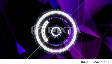 Image of circular scope scanning with purple shapes moving behind on black 128291884