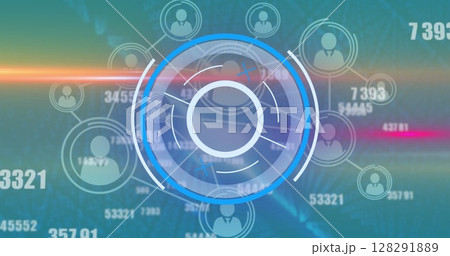 Image of moving numbers a circular scope and a network of connected people icons 128291889
