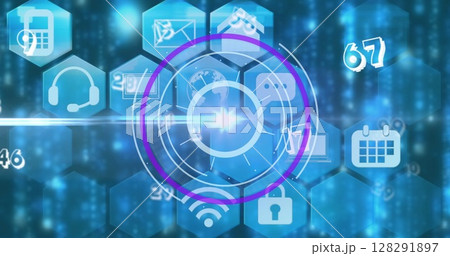 Image of digital interface showing circular scope with floating numbers and media icons in blue 128291897