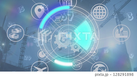 Image of scope scanning with network of icons with cranes in background 128291898