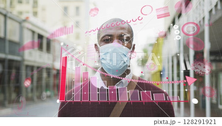 Image of covid 19 statistics over african american man wearing face mask on city street 128291921