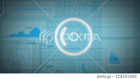 Image of scope scanning, data processing and numbers changing on blue background 128291980