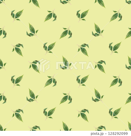 Watercolor seamless pattern with green branches. Delicate leaves for background Watercolor seamless pattern with green branches. Delicate leaves for background 128292099
