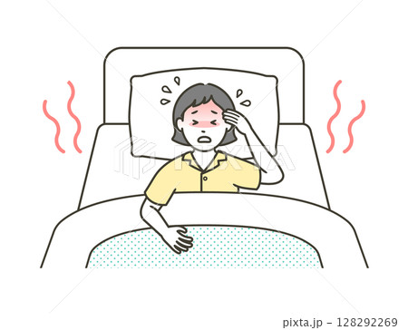 ベッドで寝ている若い女性が熱帯夜に汗をかき寝苦しそうにしているイラスト 128292269