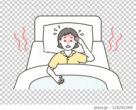 ベッドで寝ている若い女性が熱帯夜に汗をかき寝苦しそうにしているイラスト 128292269