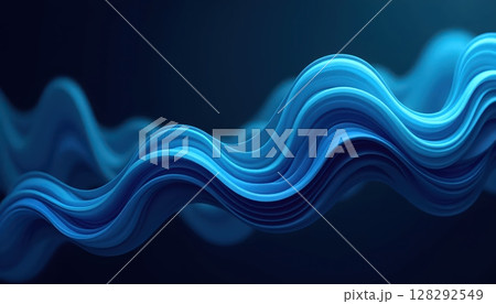 3D abstract flow design with deep blue and cyan wave shapes on a dark background 128292549