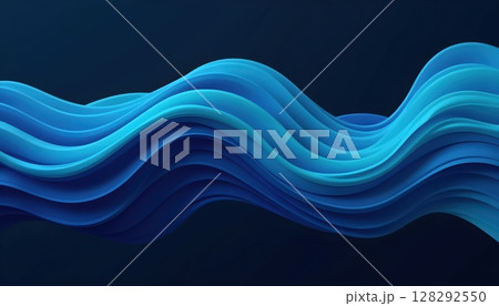 3D abstract flow design with deep blue and cyan wave shapes on a dark background 128292550