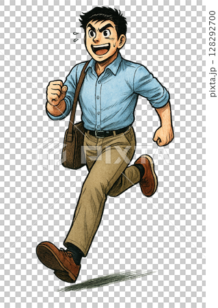 精力充沛地奔跑的商人的全身側視圖插圖，手繪風格的插圖，微笑著奔跑的商人，在遲到之前衝刺 128292700