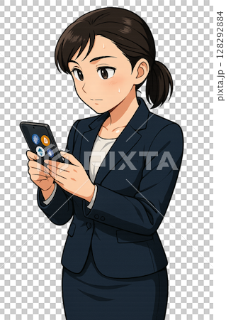 A woman in a suit operating a virtual currency app, a businesswoman concentrating on cryptocurrency trading, checking virtual currency on her smartphone 128292884