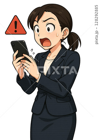 スマホに警告が表示され驚くスーツ女性、仮想通貨アプリのトラブルに驚く女性、暗号資産操作中にアラートを 128292885