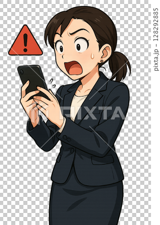 スマホに警告が表示され驚くスーツ女性、仮想通貨アプリのトラブルに驚く女性、暗号資産操作中にアラートを 128292885
