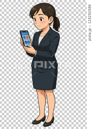 A woman in a suit checking her wallet on her smartphone, a woman checking her virtual currency assets, a woman operating a cryptocurrency app 128292886