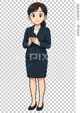 Illustration of a woman in a suit holding a smartphone, a businesswoman operating a smartphone with a smile, a calm expression 128292889