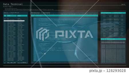 Image of data processing on computer screens over male hacker in hood Image of data processing on computer screens over male hacker in hood 128293028