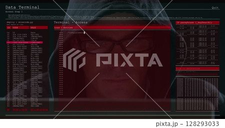 Image of data processing on computer screens over male hacker using computer 128293033