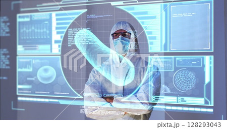 Image of scientist standing behind interactive screen with medical data processing Image of scientist standing behind interactive screen with medical data processing 128293043