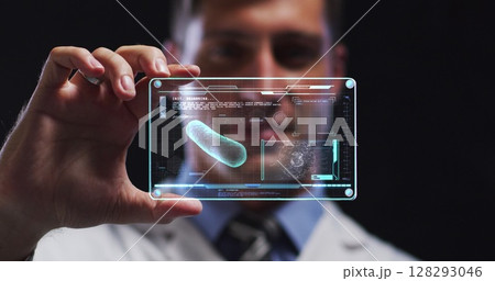 Image of scientist holding interactive screen with medical data processing Image of scientist holding interactive screen with medical data processing 128293046