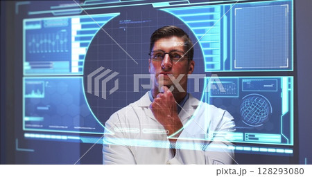 Image of male scientist behind digital screen with covid 19 cell and medical data Image of male scientist behind digital screen with covid 19 cell and medical data 128293080