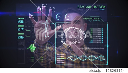 Image of man touching interactive screen with medical data processing and scope scanning 128293124