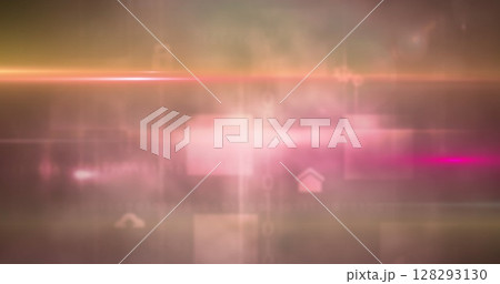 Colorful light trails against square shapes and digital icons on dark background 128293130