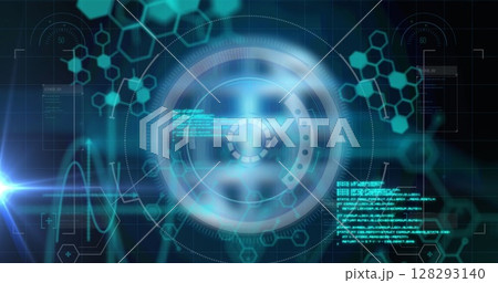 Image of scope scanning and data processing with hexagon networks on black background 128293140