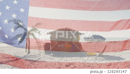 American flag with glitch effect against view of wooden beach bar at the beach 128293147