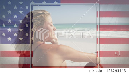 American flag with glitch effect against caucasian woman sitting on the beach American flag with glitch effect against caucasian woman sitting on the beach 128293148