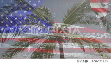 American flag with glitch effect against view of palm tree on the beach 128293149