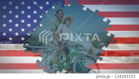 Jigsaw puzzle over american flag against senior couple riding a bicycle near the beach Jigsaw puzzle over american flag against senior couple riding a bicycle near the beach 128293155