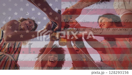 Constitution text over american flag against group of friends toasting drinks on the beach Constitution text over american flag against group of friends toasting drinks on the beach 128293156