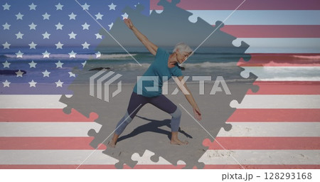 Image of fireworks and american flag jigsaw puzzles revealing senior woman exercising on beach Image of fireworks and american flag jigsaw puzzles revealing senior woman exercising on beach 128293168