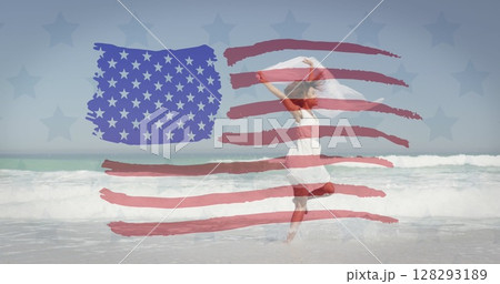 American flag waving against african american woman with scarf running on the beach American flag waving against african american woman with scarf running on the beach 128293189