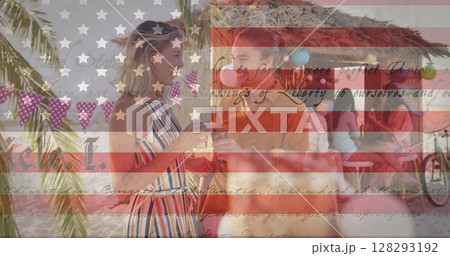 American constitution text and multiple stars against caucasian couple tasting drinks at the beach American constitution text and multiple stars against caucasian couple tasting drinks at the beach 128293192