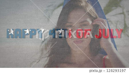 Image of happy 4th of july text with american flag pattern over woman with surfboard on beach Image of happy 4th of july text with american flag pattern over woman with surfboard on beach 128293197