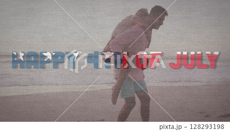 Independence day text against caucasian man giving his wife a piggy back ride at the beach Independence day text against caucasian man giving his wife a piggy back ride at the beach 128293198