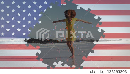 Image of american flag jigsaw puzzles revealing confetti and woman spinning on beach Image of american flag jigsaw puzzles revealing confetti and woman spinning on beach 128293208