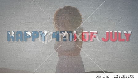 Image of happy 4th of july text with american flag pattern waving over woman on beach Image of happy 4th of july text with american flag pattern waving over woman on beach 128293209