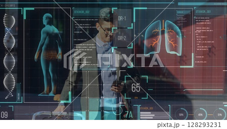 Digital interface with medical data processing against man with trolley bag using smartphone 128293231