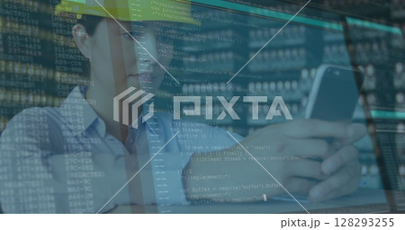 Computer data processing against female caucasian architect using smartphone 128293255