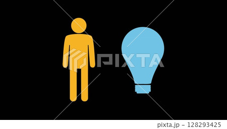 Person icon standing next to blue light bulb on black background, symbolizing ideas 128293425