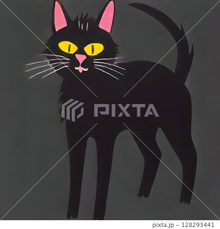 Black cartoon cat displaying playful expression, pink ears, yellow eyes, tongue protruding cheekily against minimalist gray backdrop 128293441