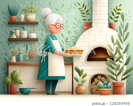Grandmother making pie in kitchen in oven, old woman baking at home, elderly mother in apron prepares pizza or cake, home cooking, parental care 128293450