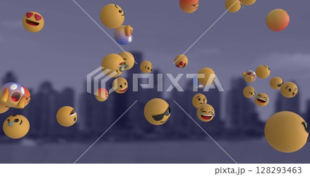 Floating emojis expressing various emotions against city skyline in background Floating emojis expressing various emotions against city skyline in background 128293463