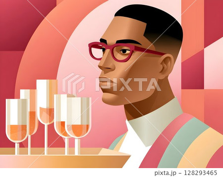 Beautiful confident waiter barista butler man holding tray with glasses in hand, stylish clothes and apron, working in trendy loft style cafe. Restaurant worker concept. 128293465