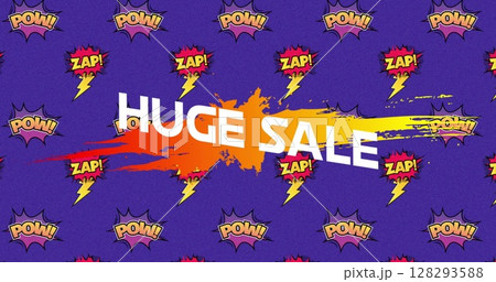 Huge sale text on red-orange splash over zap! and pow! in retro comic bubbles on purple 128293588