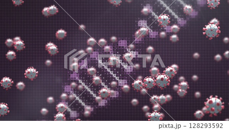 Cell particles surrounding dna strand in digital illustration, highlighting viral effect 128293592